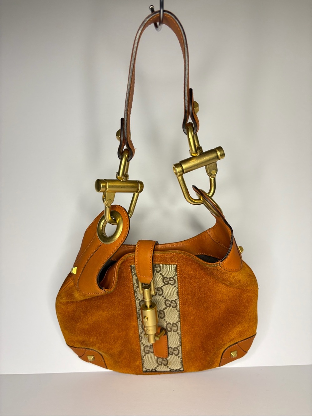 Gucci Orange Suede & GG Canvas Shoulder Bag with Tan Leather Trim - Picture 2 of 12